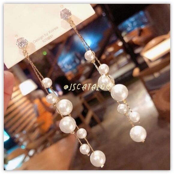 1 Pair of CZ w/Faux Pearls Long Drop Gold Earrings - Picture 2 of 5